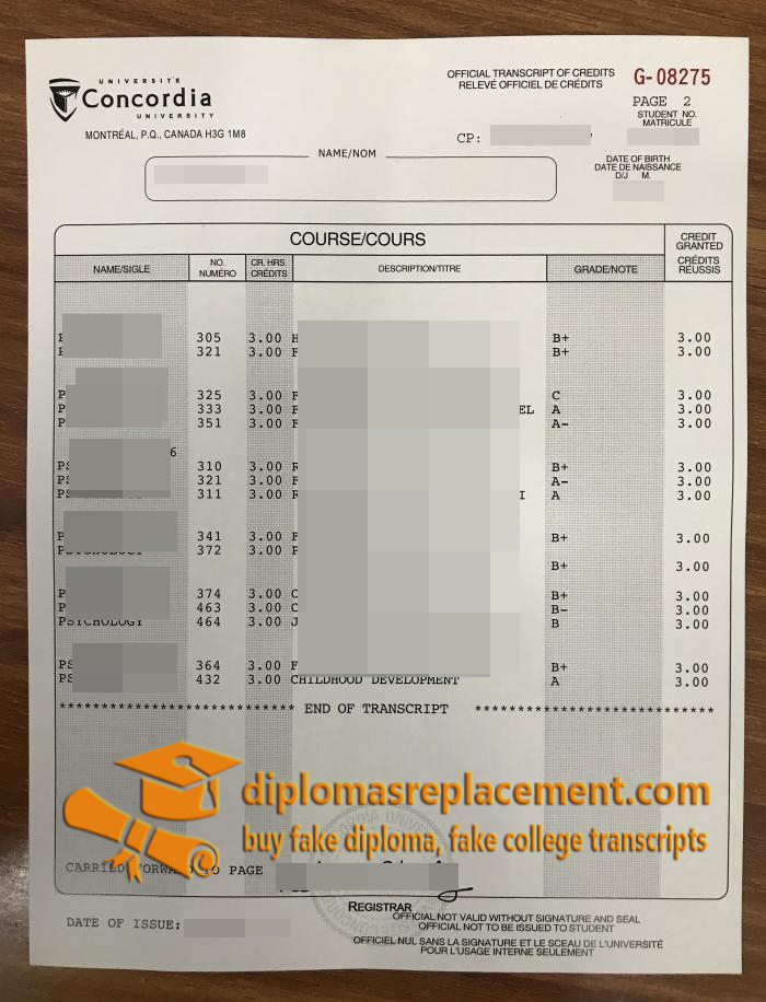 Concordia University official transcript