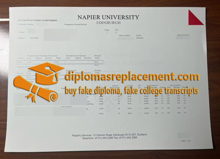 Edinburgh Napier University academic transcript
