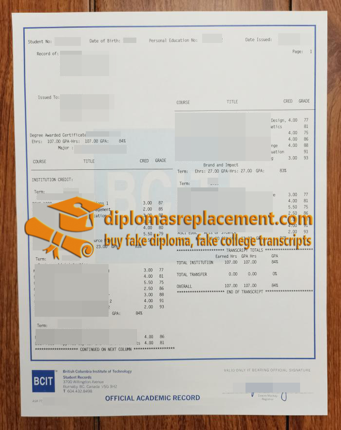 British Columbia Institute of Technology transcript