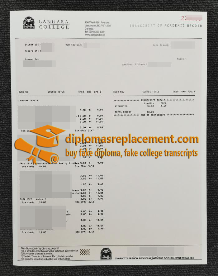 Langara College academic transcript