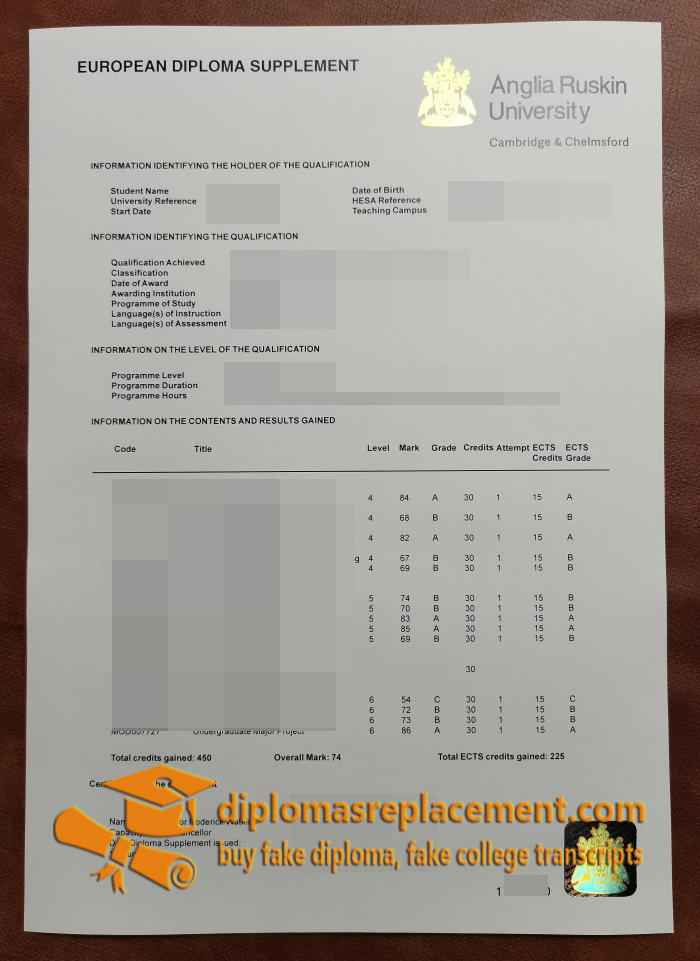 Anglia Ruskin University diploma supplement