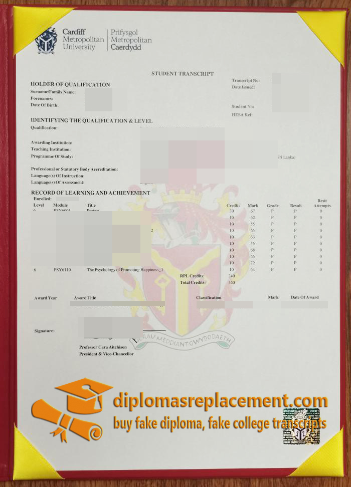 Cardiff Metropolitan University transcript