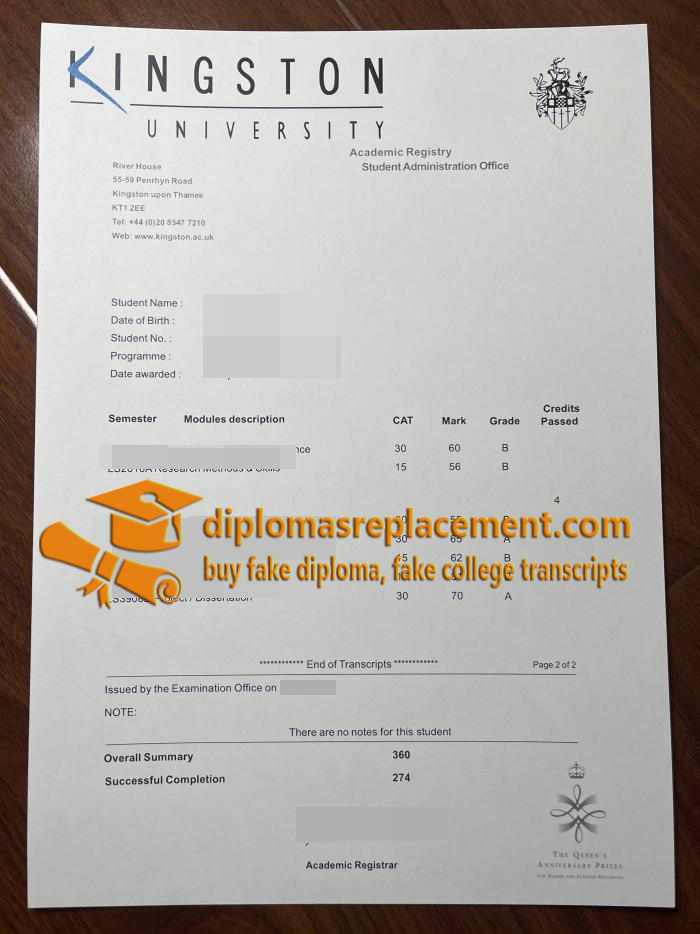 Kingston University academic transcript