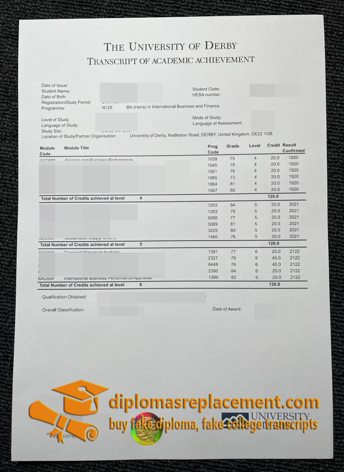 University of Derby academic transcript