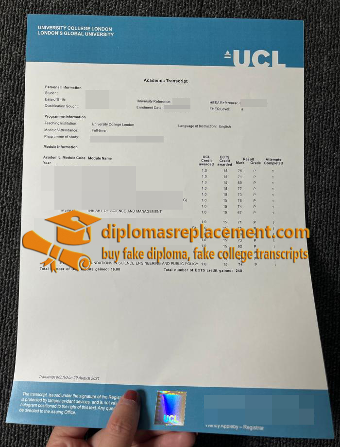 UCL academic transcript