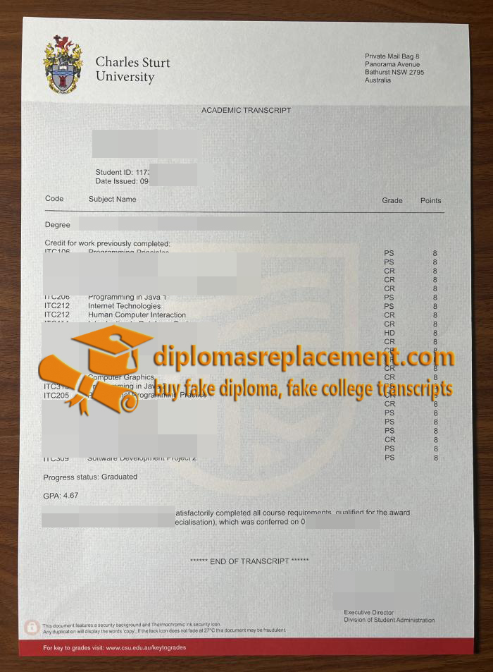 Charles Sturt University academic transcript