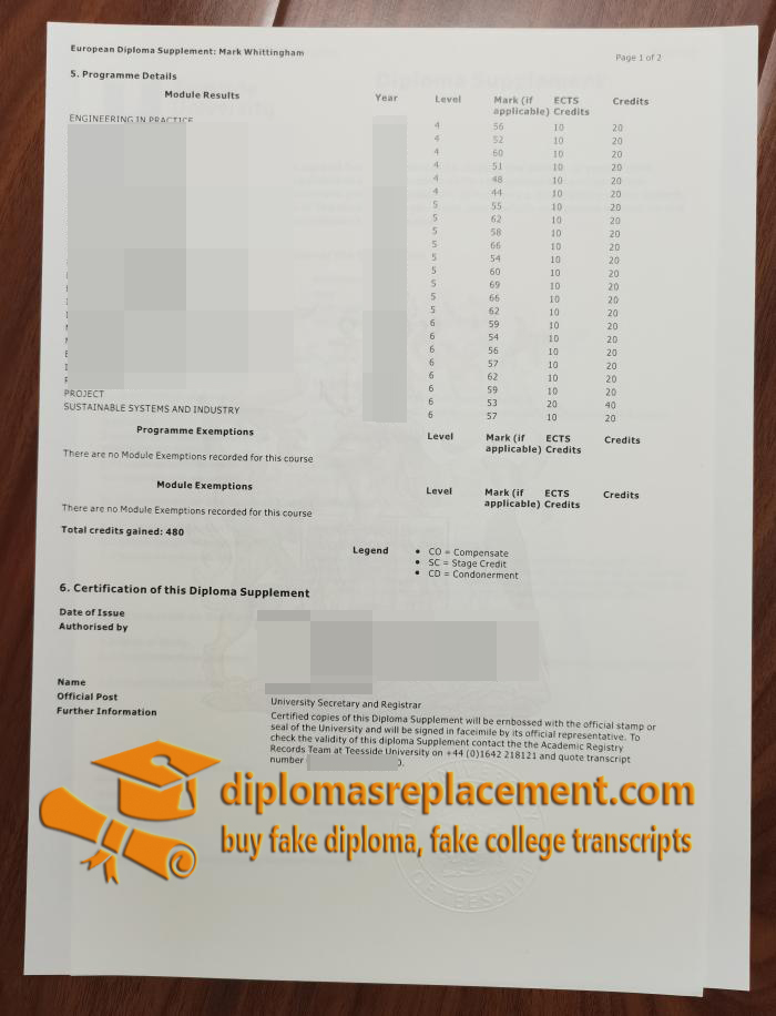 Teesside University diploma supplement