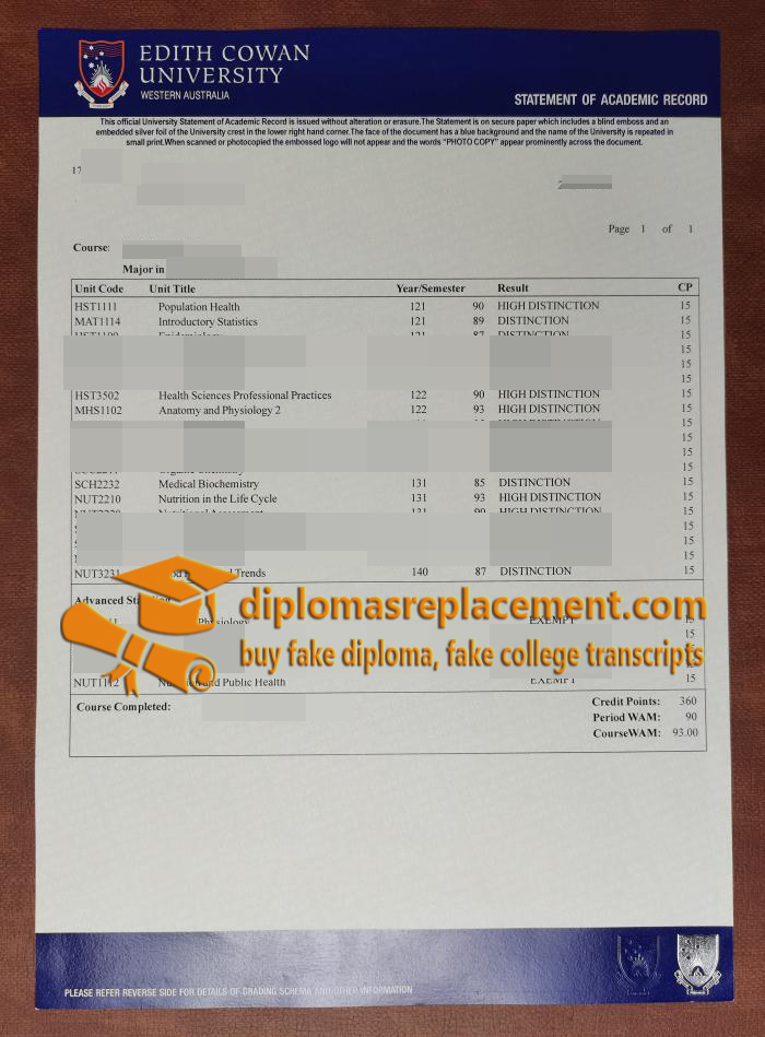 Edith Cowan University academic transcript