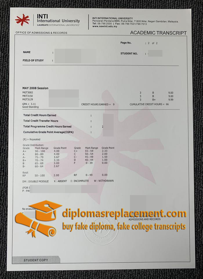 INTI International University transcript