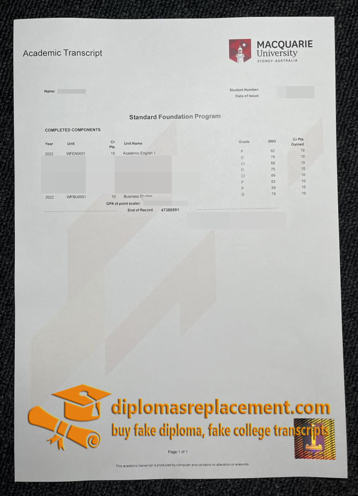 Macquarie University academic transcript