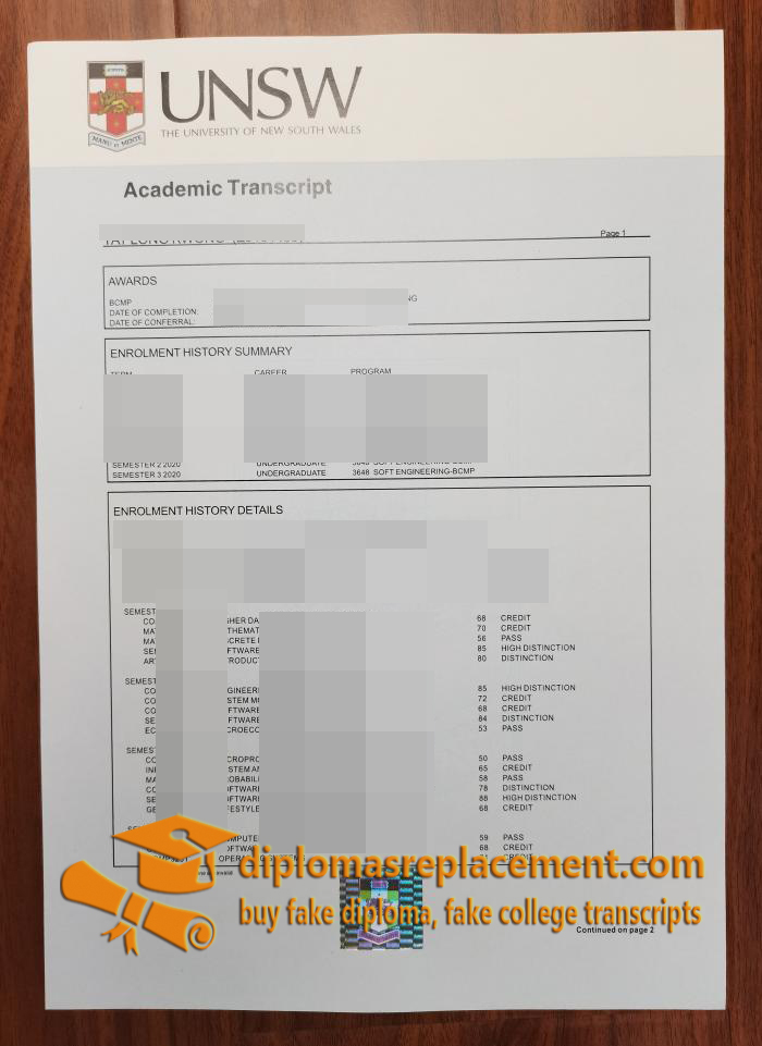 University of New South Wales transcript