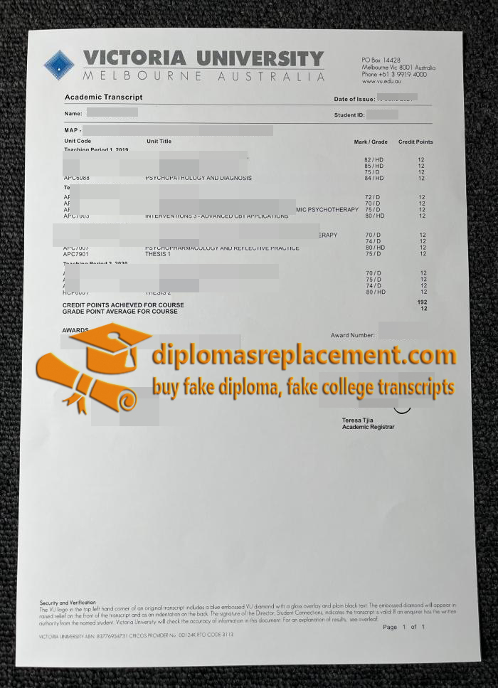 Victoria University academic transcript