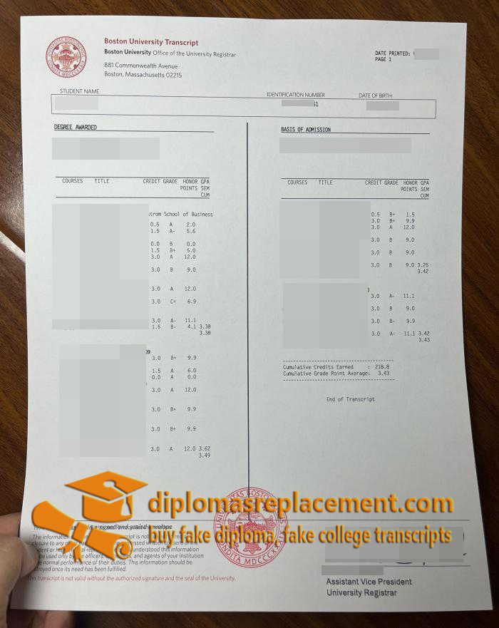 Boston University academic transcript