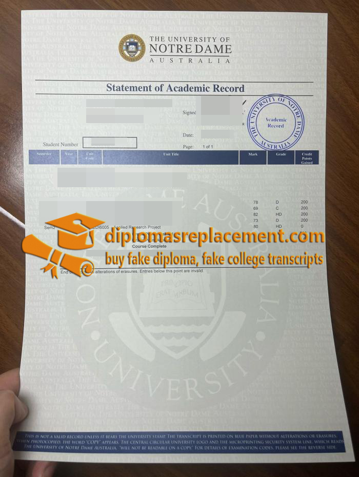 University of Notre Dame Australia transcript
