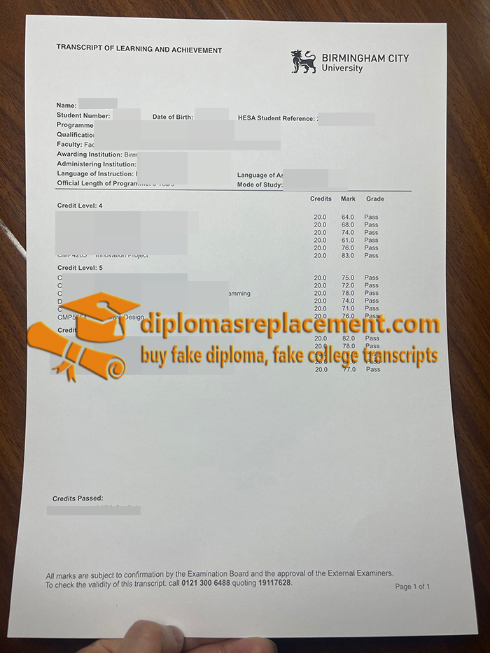 Birmingham City University transcript