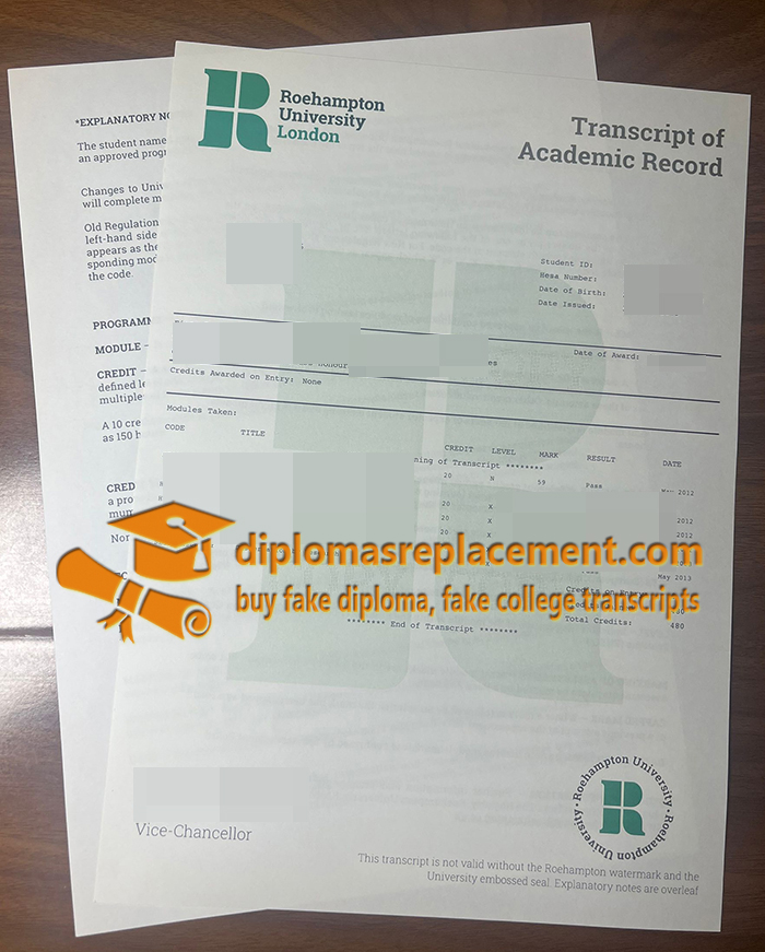 Roehampton University academic transcript