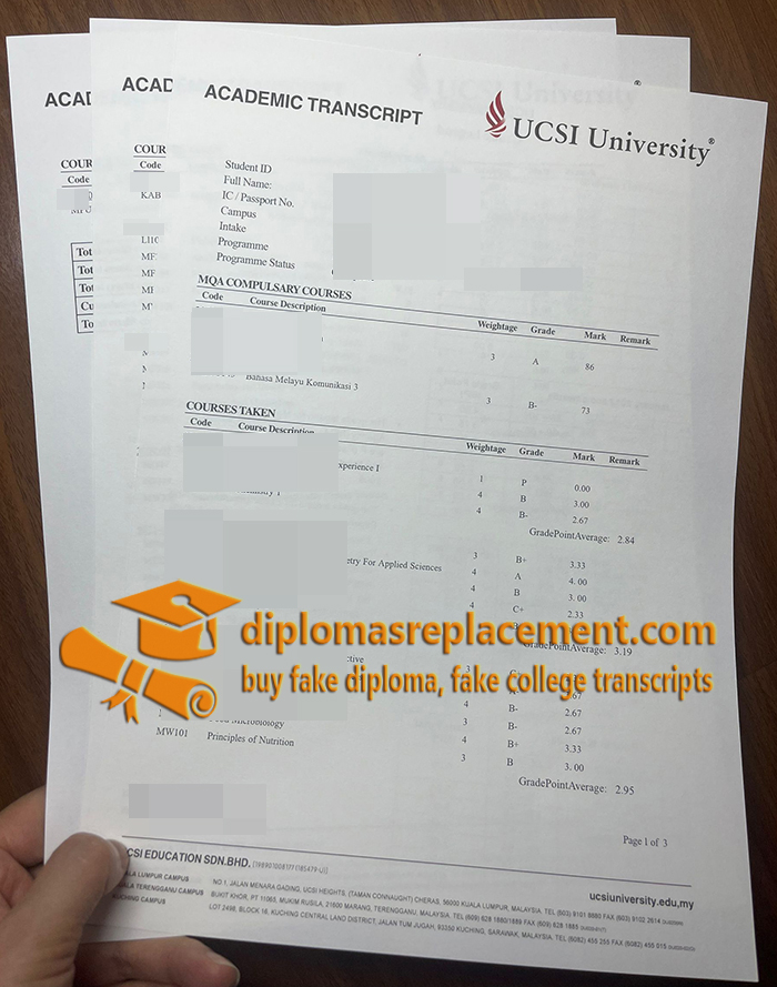 UCSI University academic transcript
