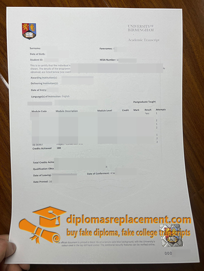 University of Birmingham academic transcript