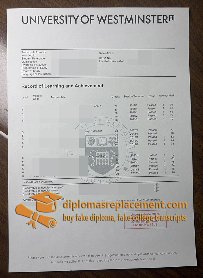 University of Westminster transcript