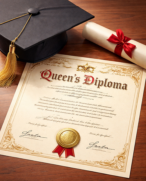Queen's Diploma Graduation Scene – Cap and Certificate