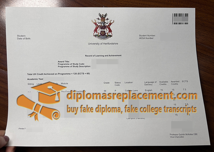 University of Hertfordshire Academic transcript