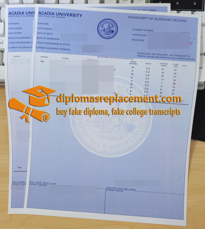 Acadia University academic transcript