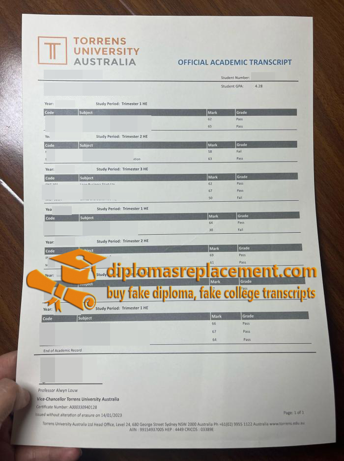 Torrens University Australia academic transcript