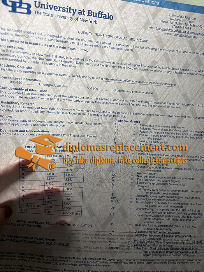 University at Buffalo, SUNY transcript with watermark